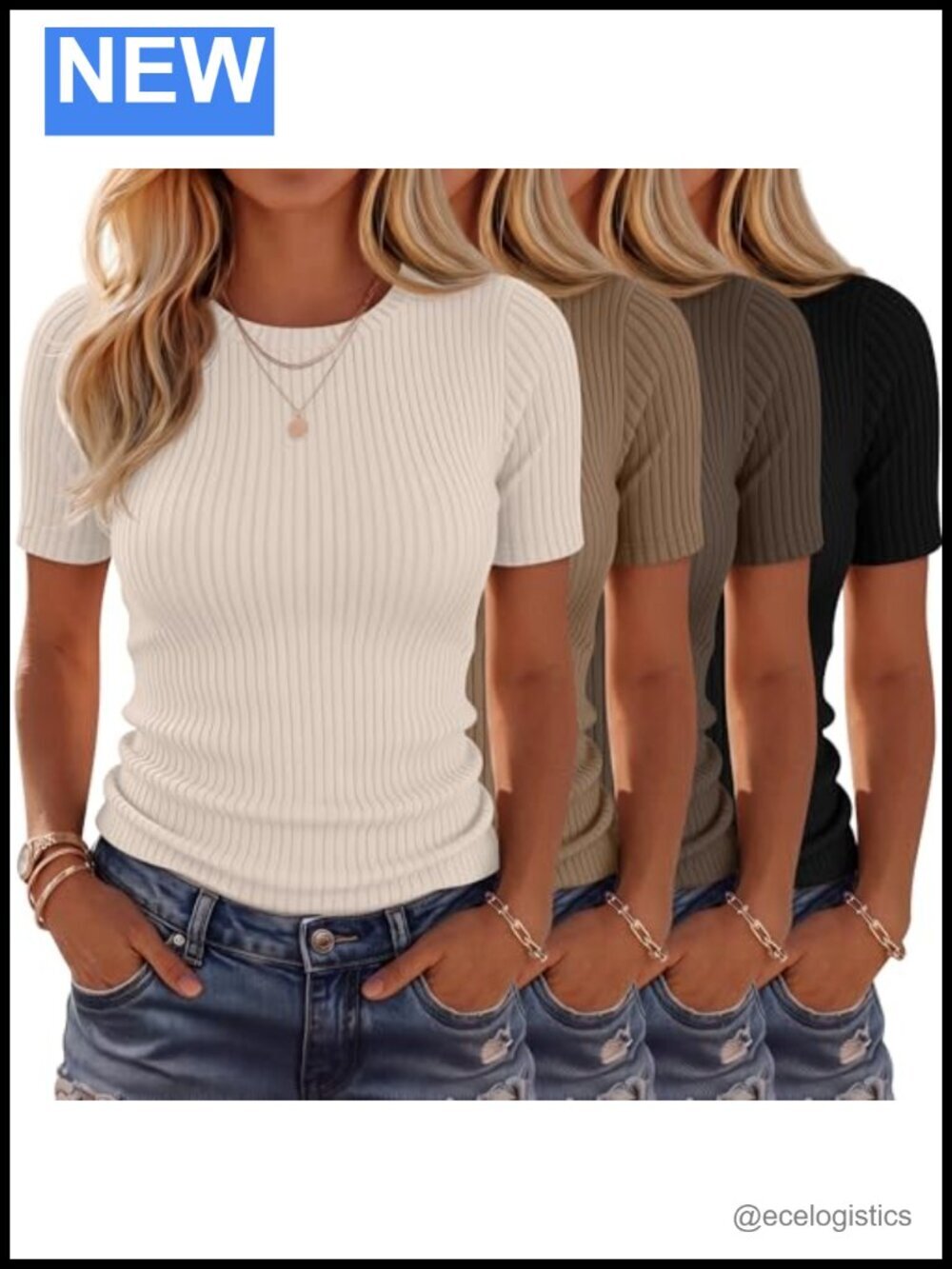 4 Pack Ribbed Fitted T-Shirts Cotton Blend Short Sleeve Crew Neck Tees